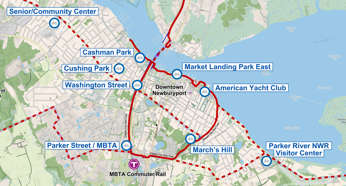 Map of Port Bikeshare stations along the Clipper City Rail Trail